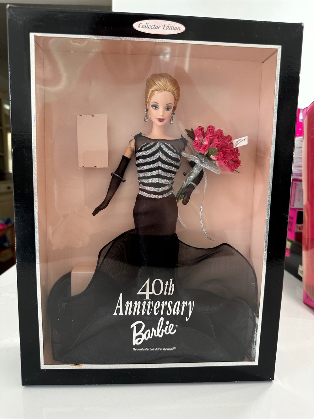 NIB 1999 40th Anniversary Barbie Black and Silver Evening Gown with Pink Bouquet